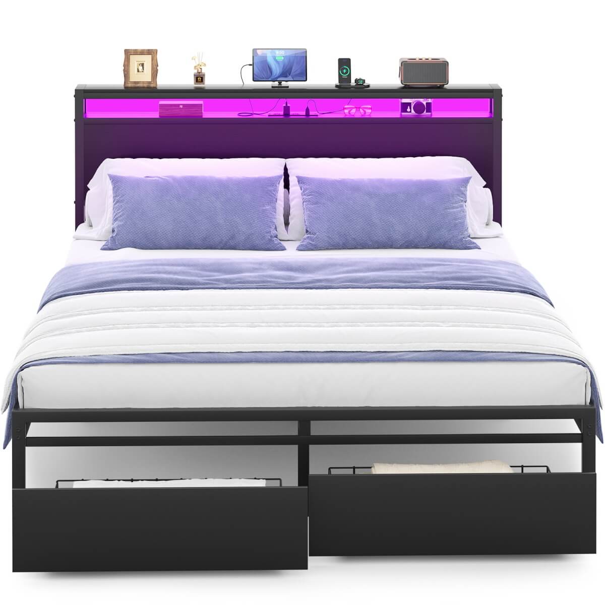 Queen Size Platform Bed Frame with Charged Station and LED Strip