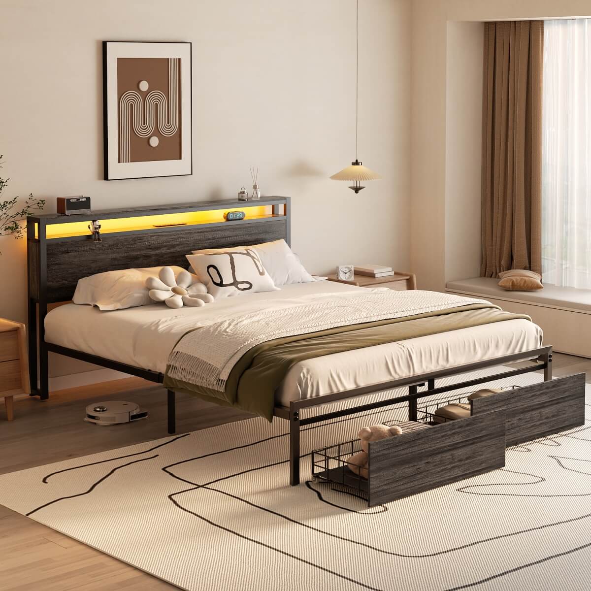 Queen Size Platform Bed Frame with Charged Station and LED Strip