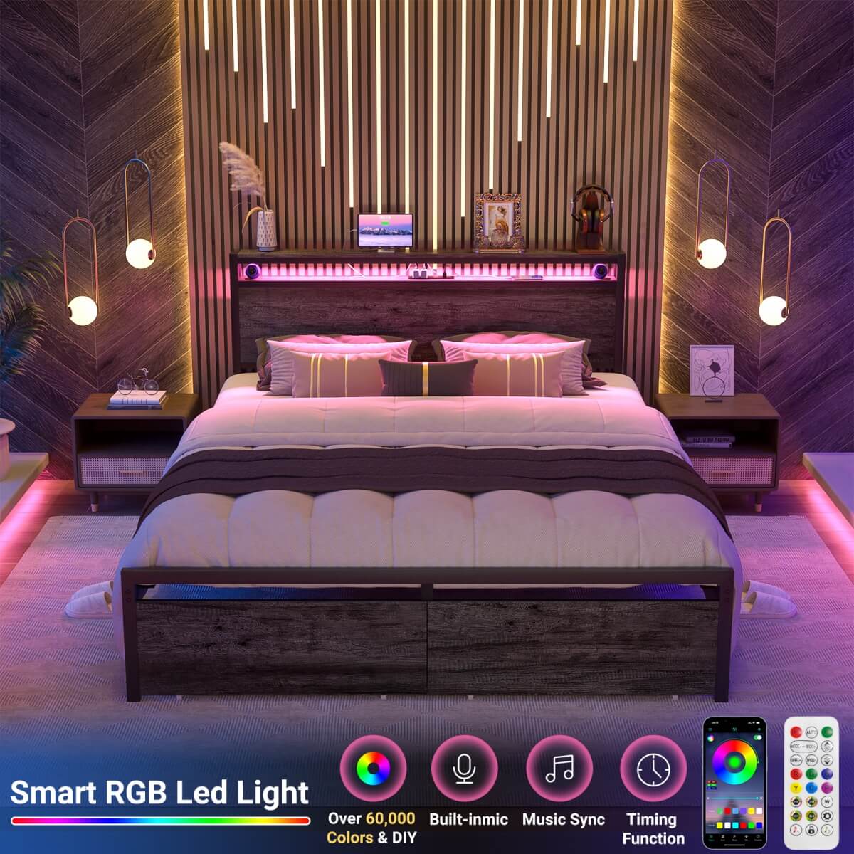 Queen Size Platform Bed Frame with Charged Station and LED Strip