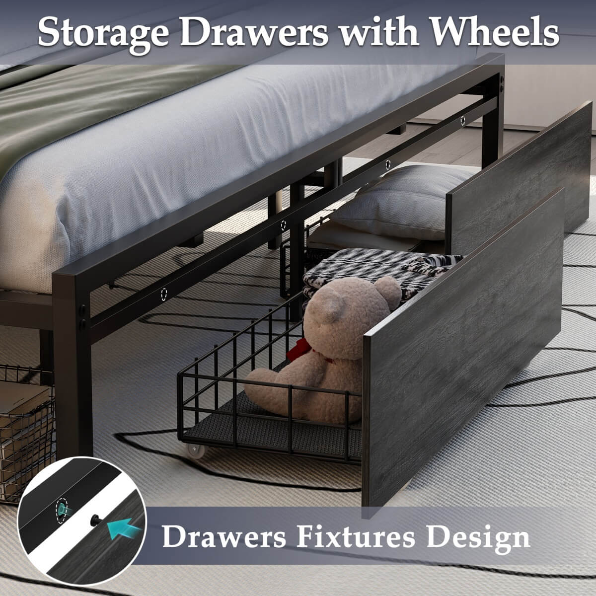 Queen Size Platform Bed Frame with Charged Station and LED Strip