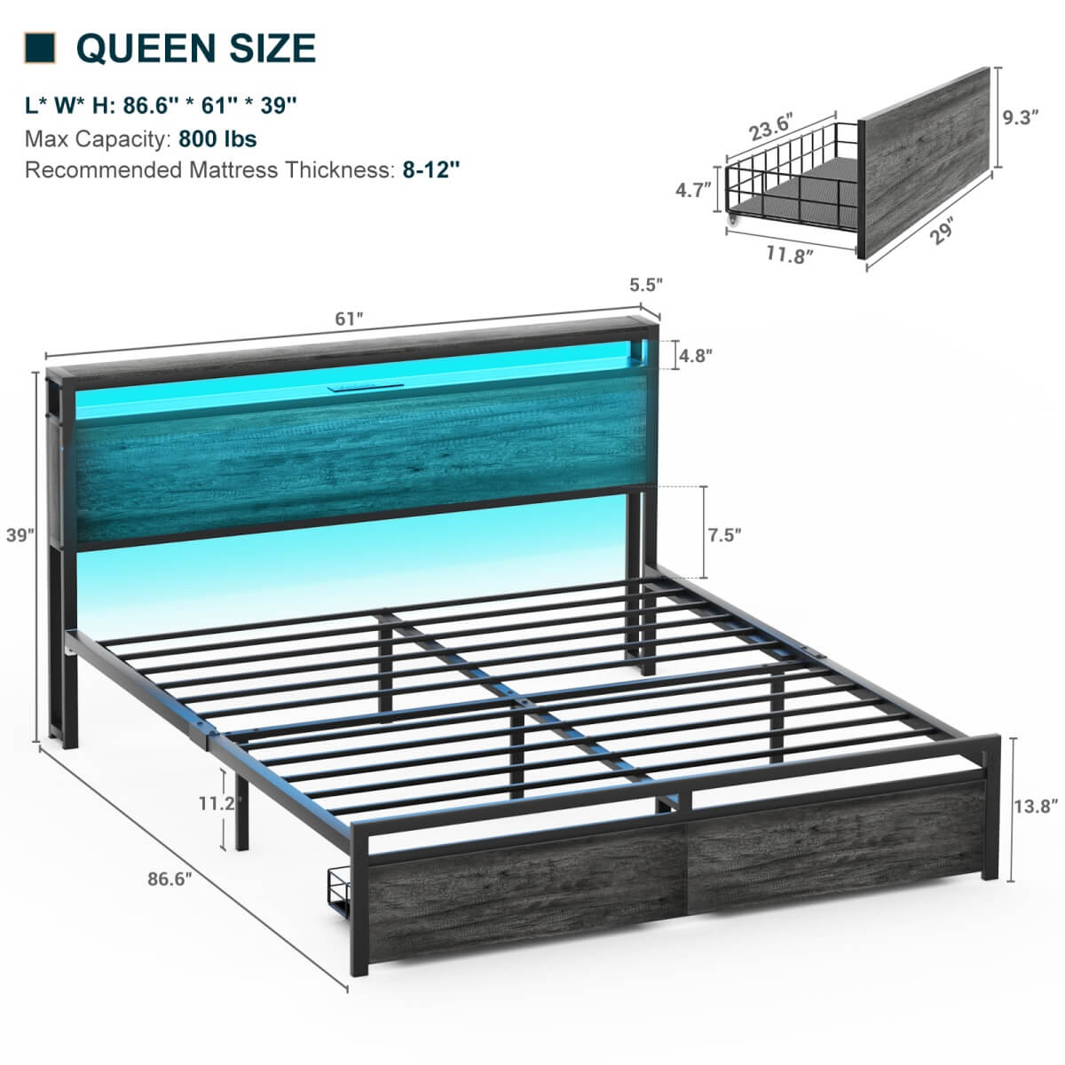 Queen Size Platform Bed Frame with Charged Station and LED Strip