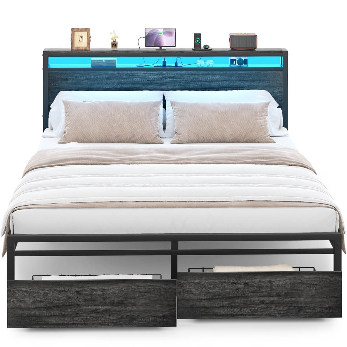 Queen Size Platform Bed Frame with Charged Station and LED Strip