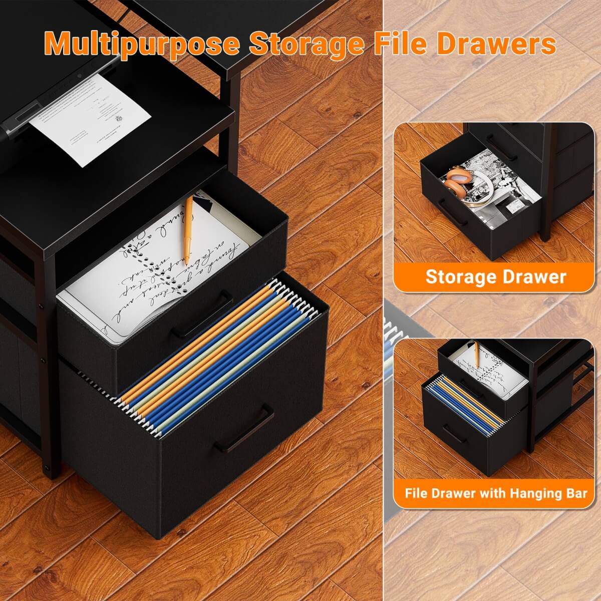 Reversible L Shaped Computer Desk with Fabric File Drawers