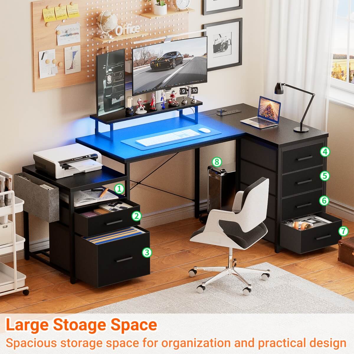 Reversible L Shaped Computer Desk with Fabric File Drawers