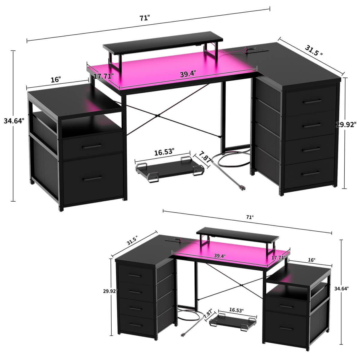 Reversible L Shaped Computer Desk with Fabric File Drawers