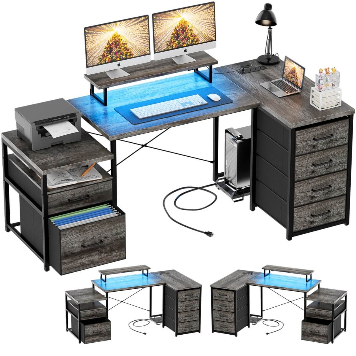 Reversible L Shaped Computer Desk with Fabric File Drawers