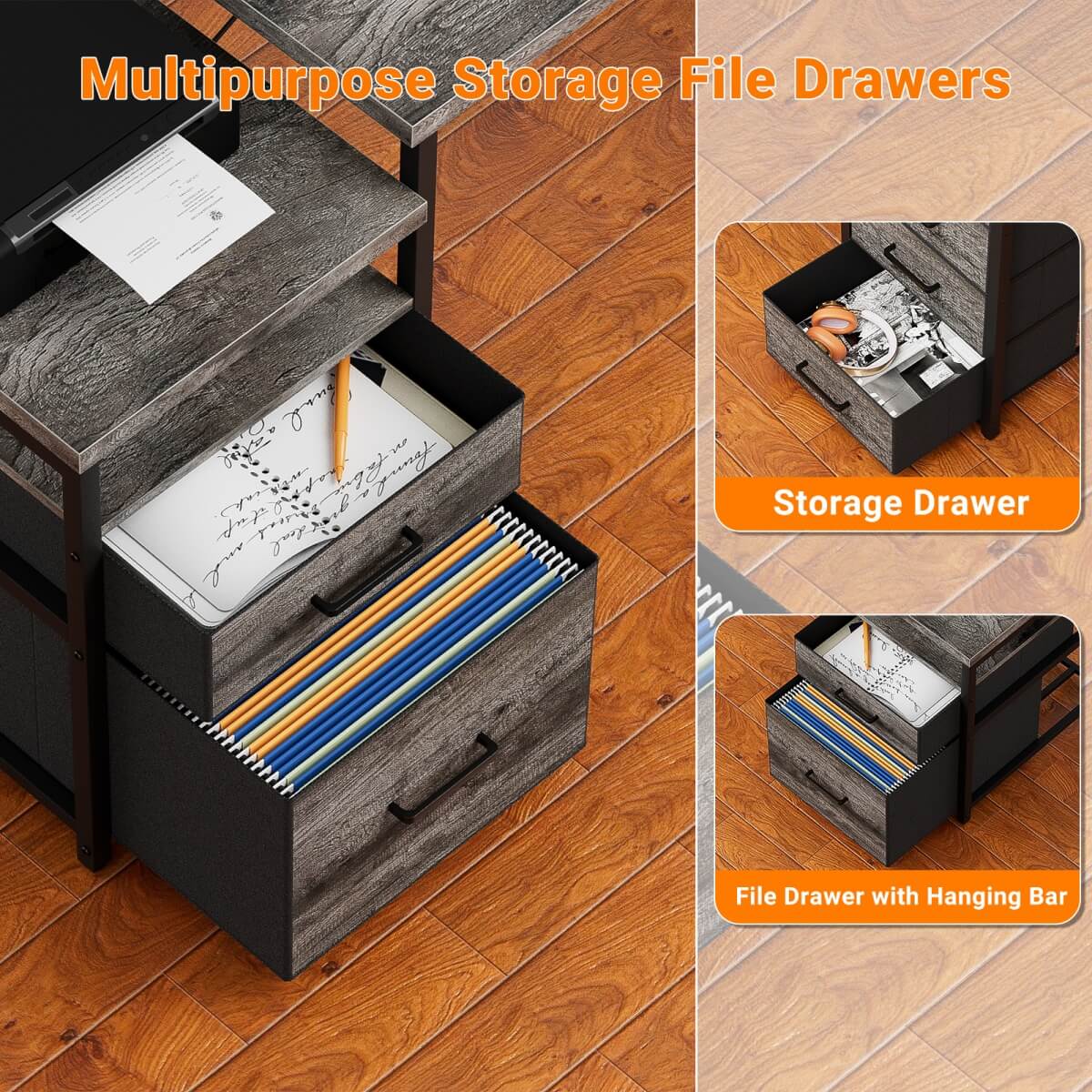 Reversible L Shaped Computer Desk with Fabric File Drawers