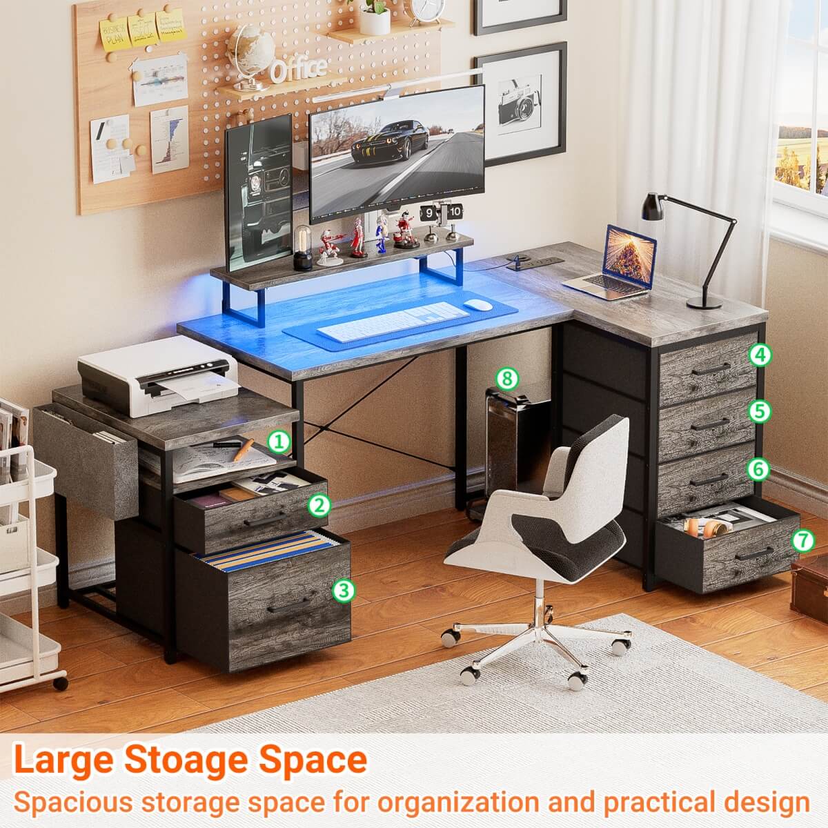 Reversible L Shaped Computer Desk with Fabric File Drawers