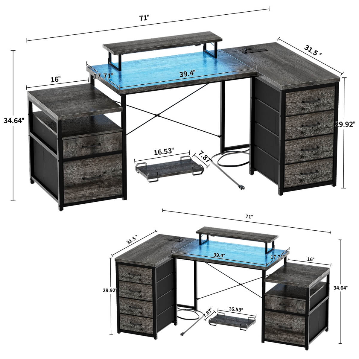 Reversible L Shaped Computer Desk with Fabric File Drawers