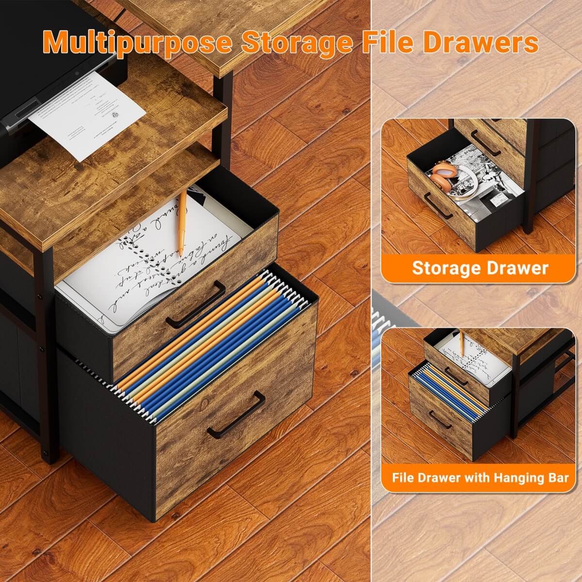 Reversible L Shaped Computer Desk with Fabric File Drawers