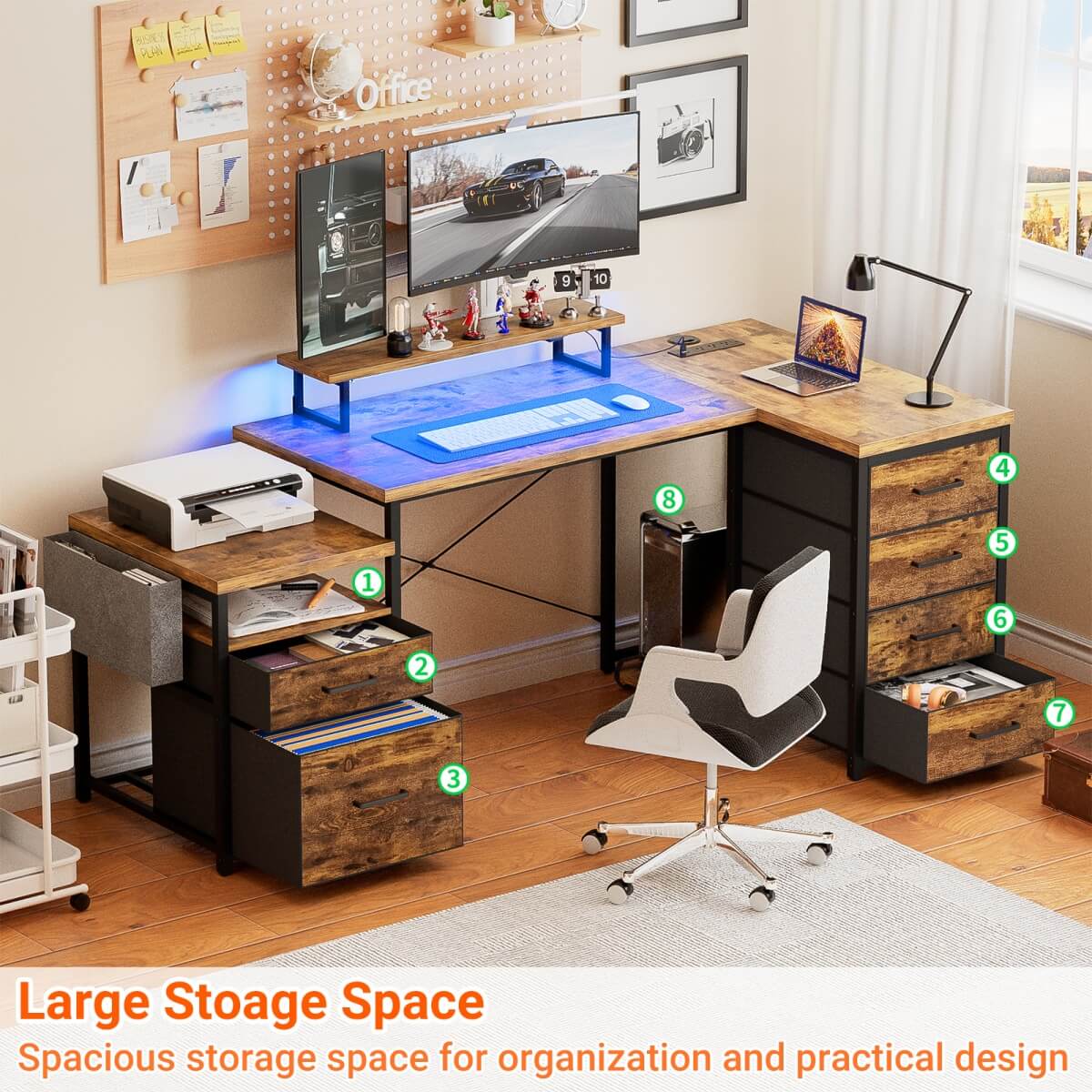 Reversible L Shaped Computer Desk with Fabric File Drawers