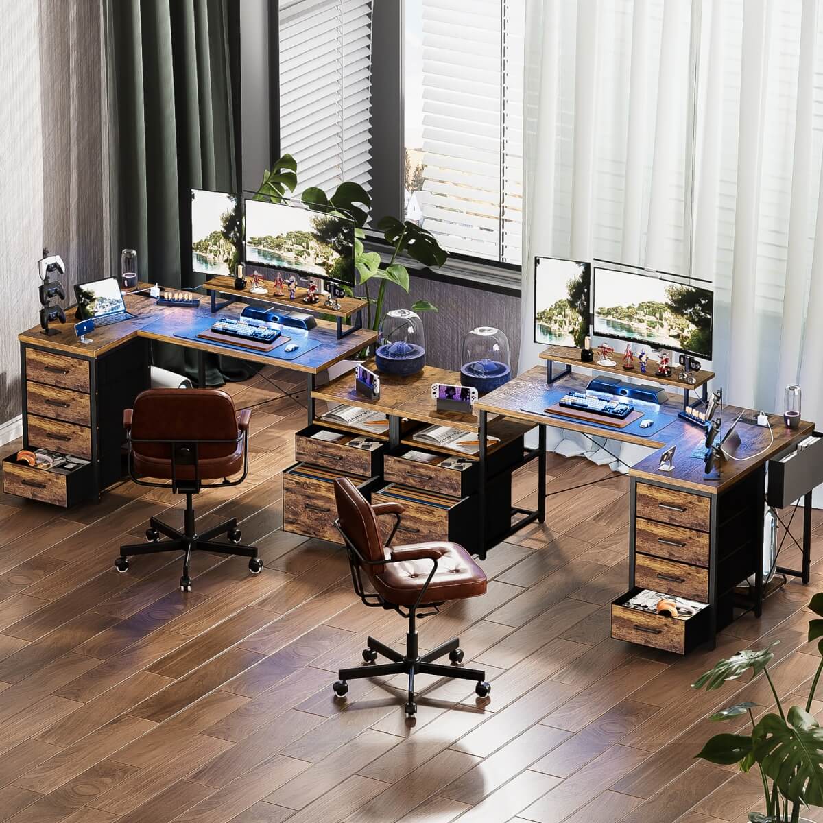 Reversible L Shaped Computer Desk with Fabric File Drawers