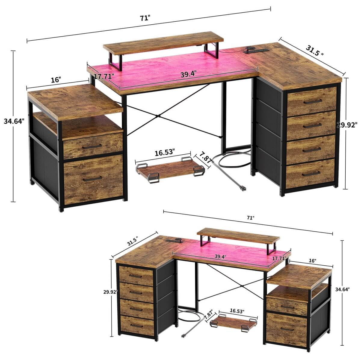 Reversible L Shaped Computer Desk with Fabric File Drawers
