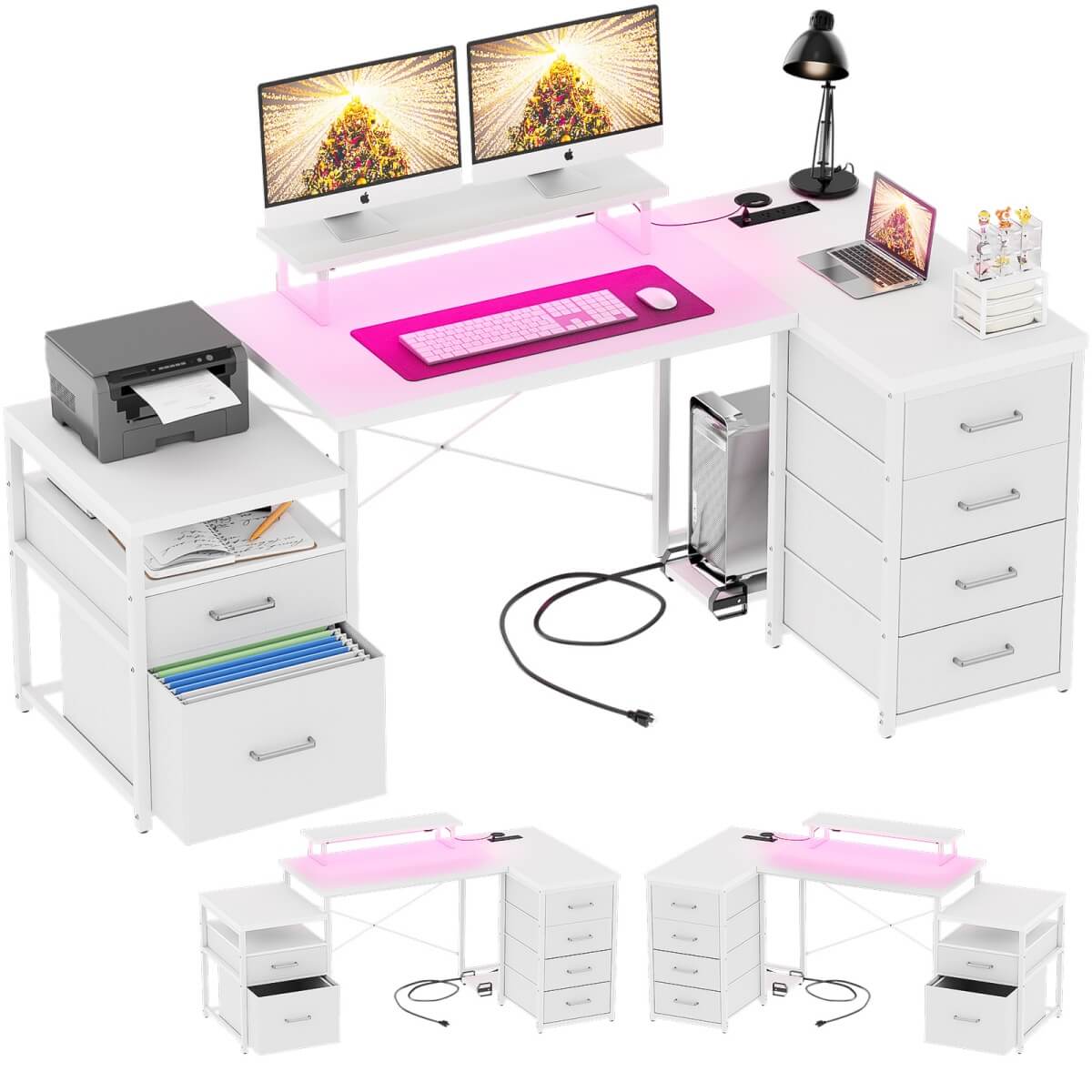 Reversible L Shaped Computer Desk with Fabric File Drawers