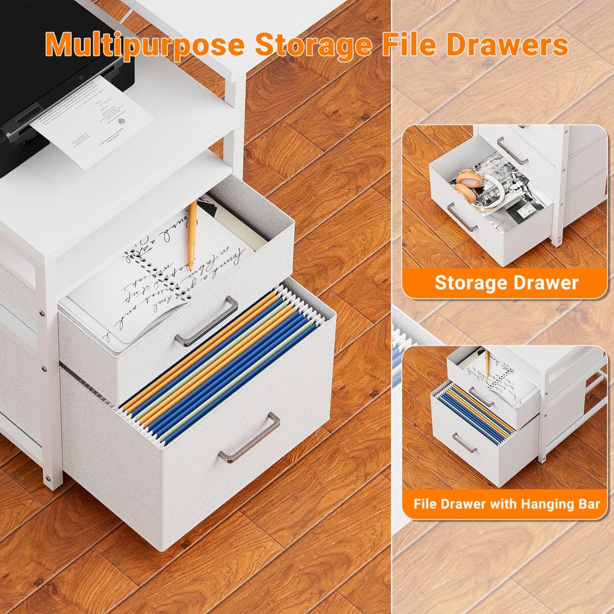 Reversible L Shaped Computer Desk with Fabric File Drawers