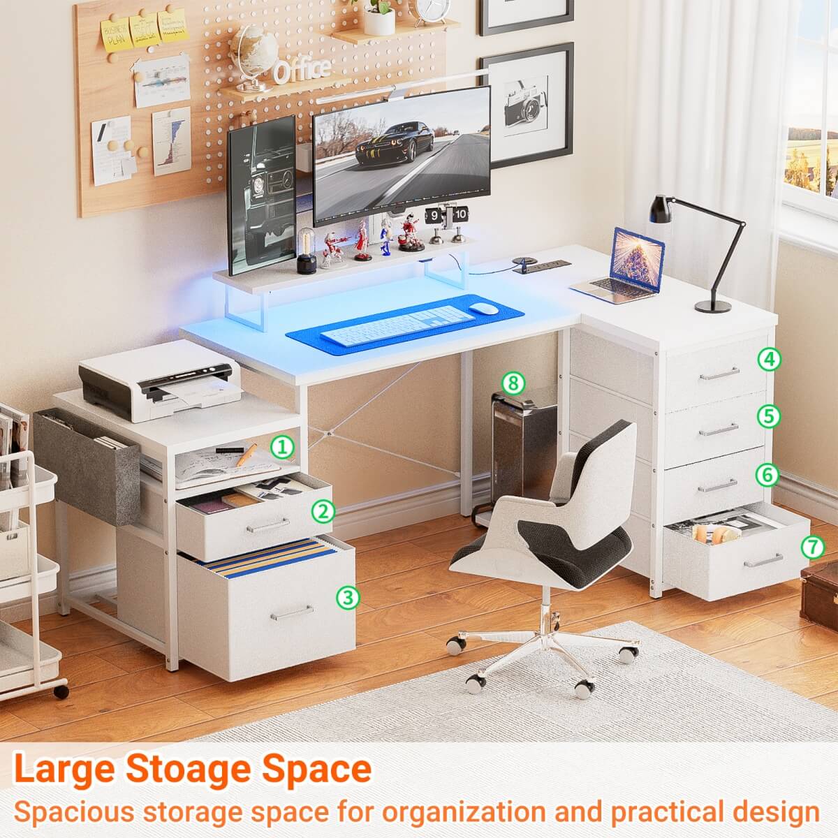 Reversible L Shaped Computer Desk with Fabric File Drawers