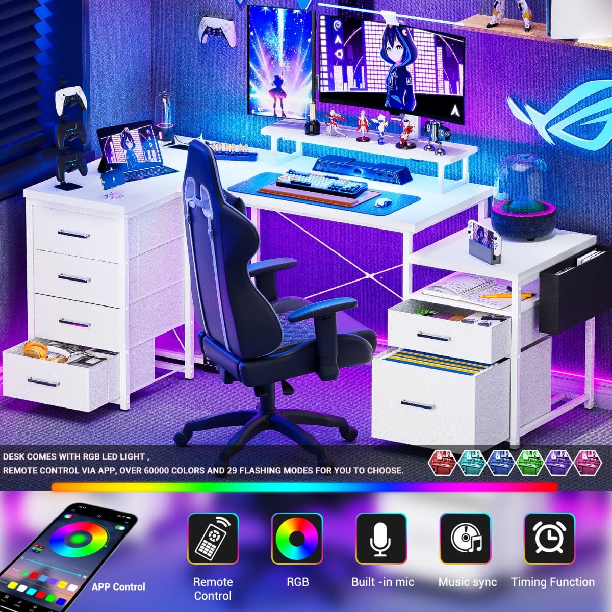Reversible L Shaped Computer Desk with Fabric File Drawers