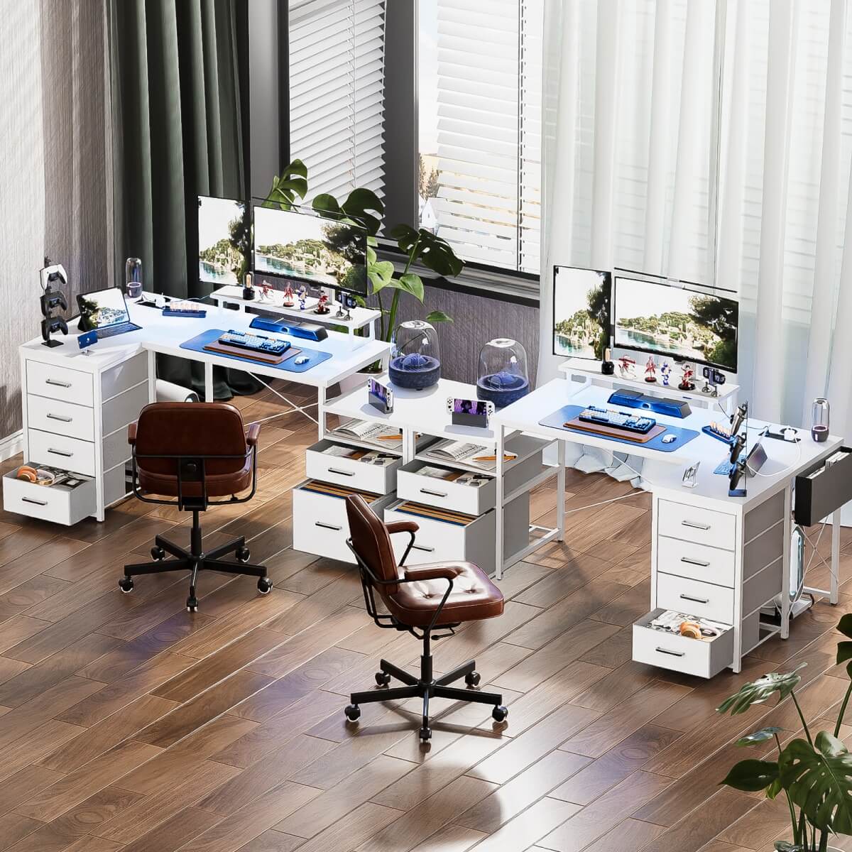 Reversible L Shaped Computer Desk with Fabric File Drawers