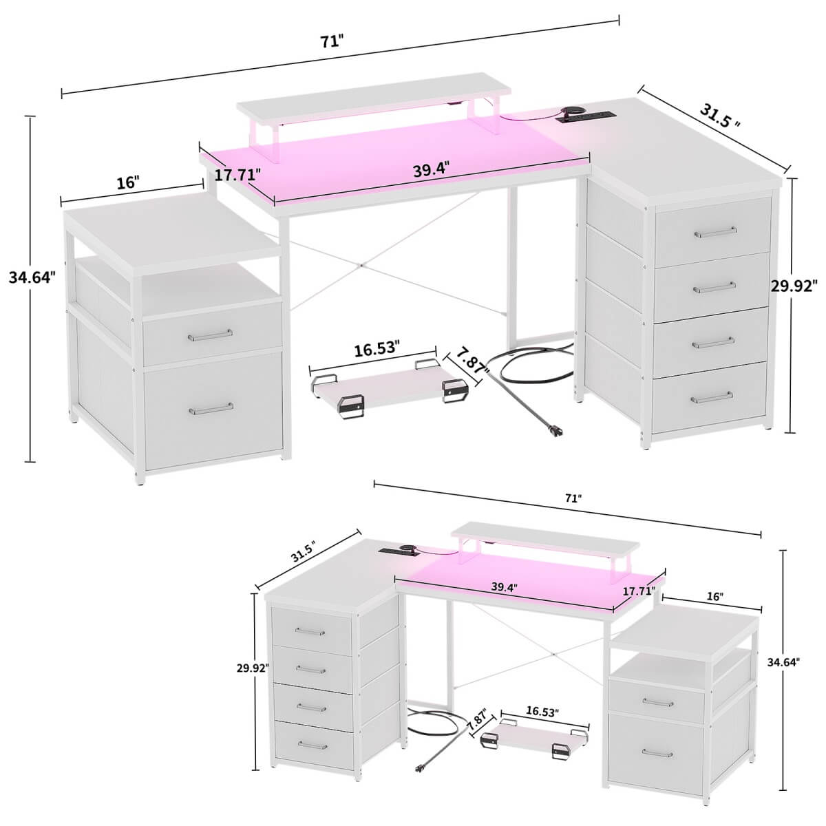 Reversible L Shaped Computer Desk with Fabric File Drawers