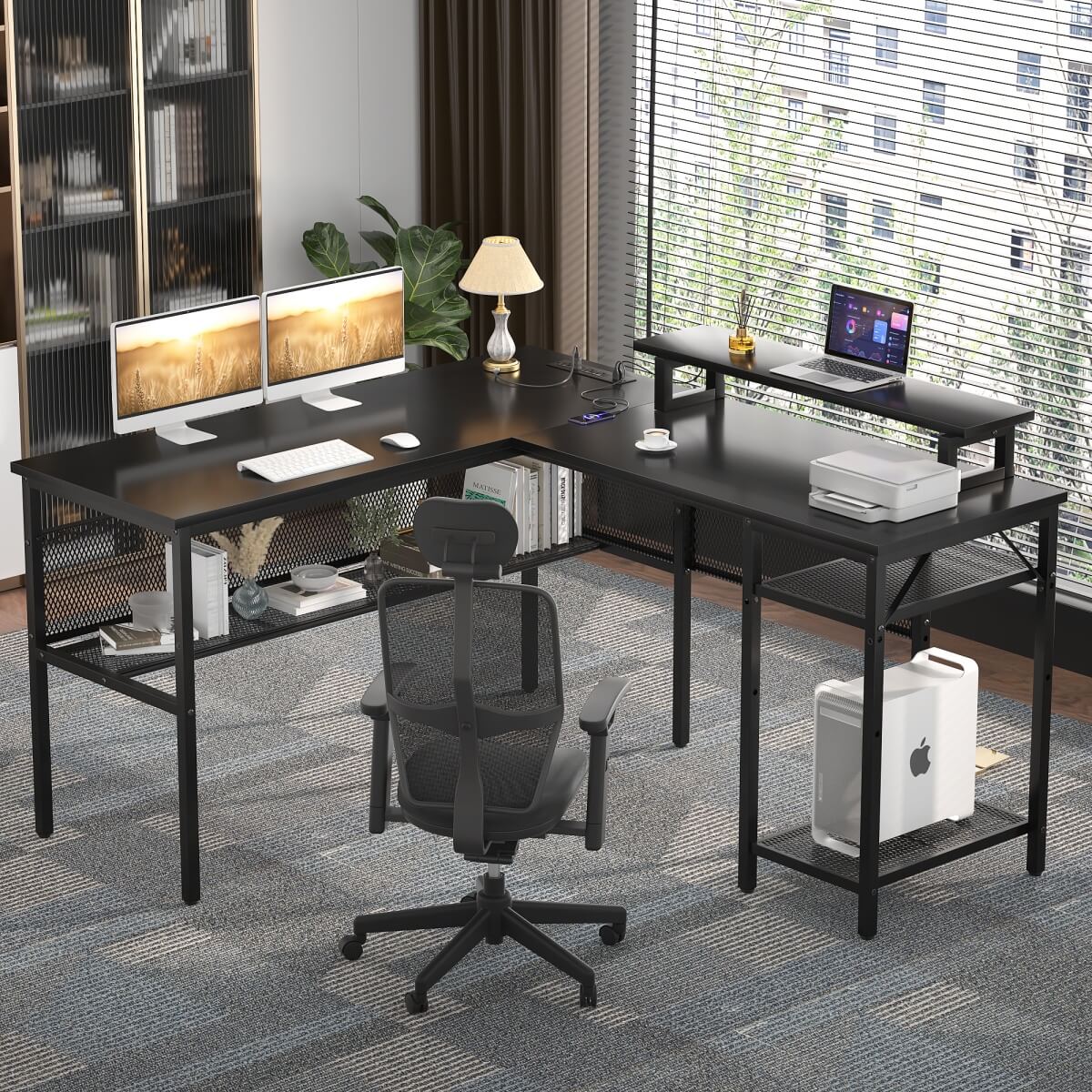 55 Inch L Shaped Desk with Power Outlets and LED Lights