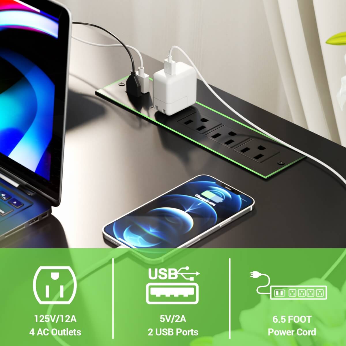 55 Inch L Shaped Desk with Power Outlets and LED Lights