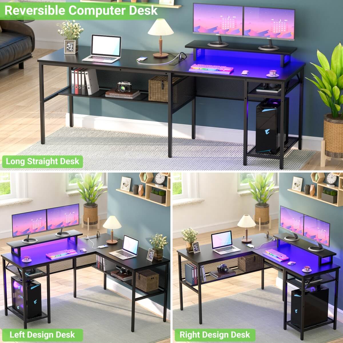 55 Inch L Shaped Desk with Power Outlets and LED Lights