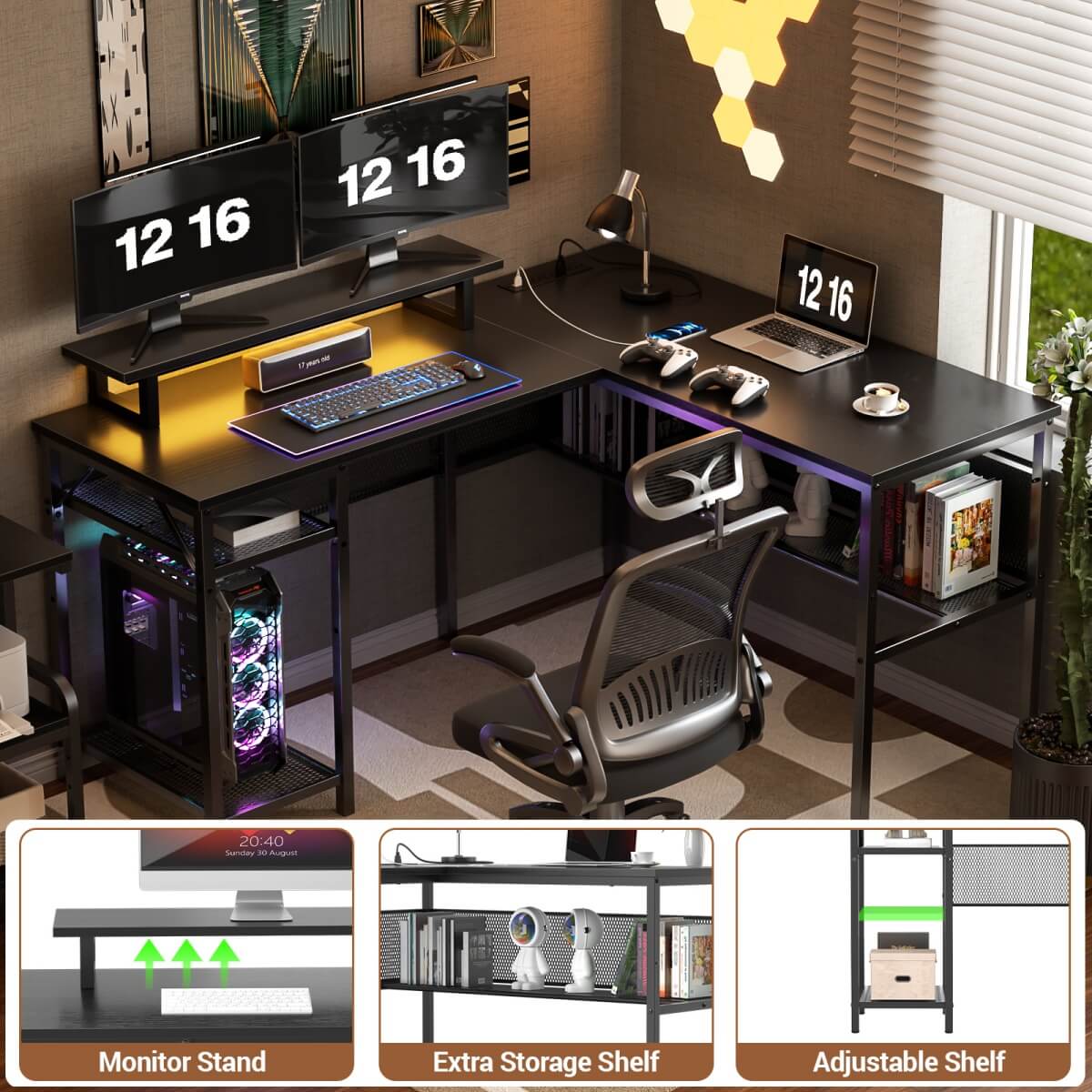 55 Inch L Shaped Desk with Power Outlets and LED Lights