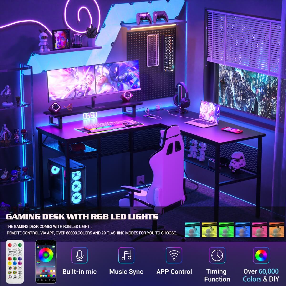 55 Inch L Shaped Desk with Power Outlets and LED Lights