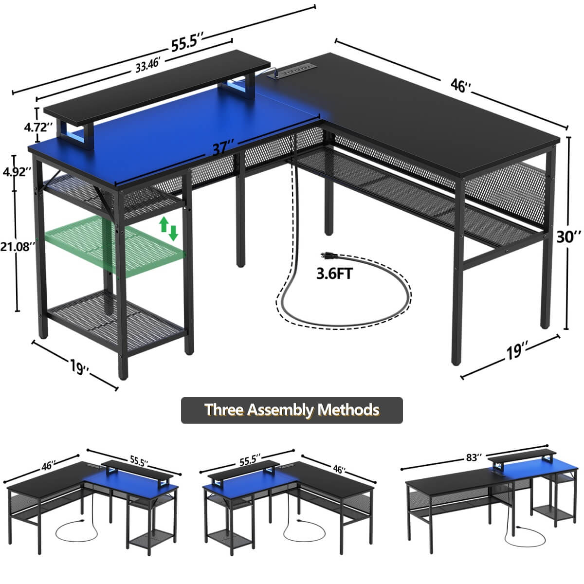 55 Inch L Shaped Desk with Power Outlets and LED Lights