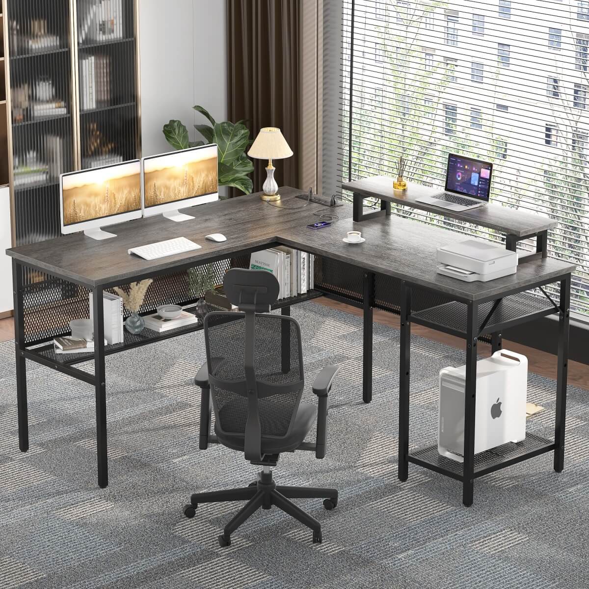 55 Inch L Shaped Desk with Power Outlets and LED Lights