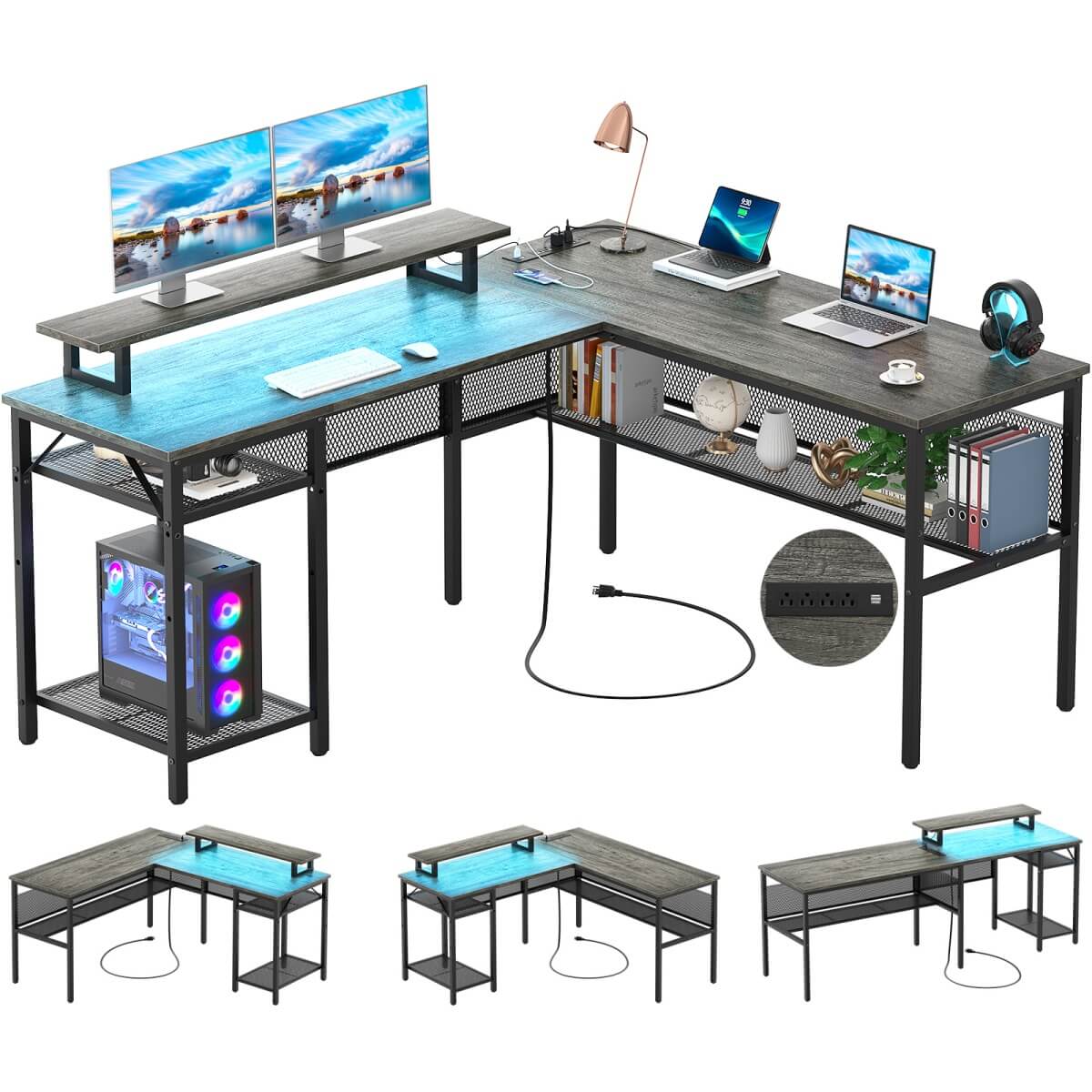 55 Inch L Shaped Desk with Power Outlets and LED Lights