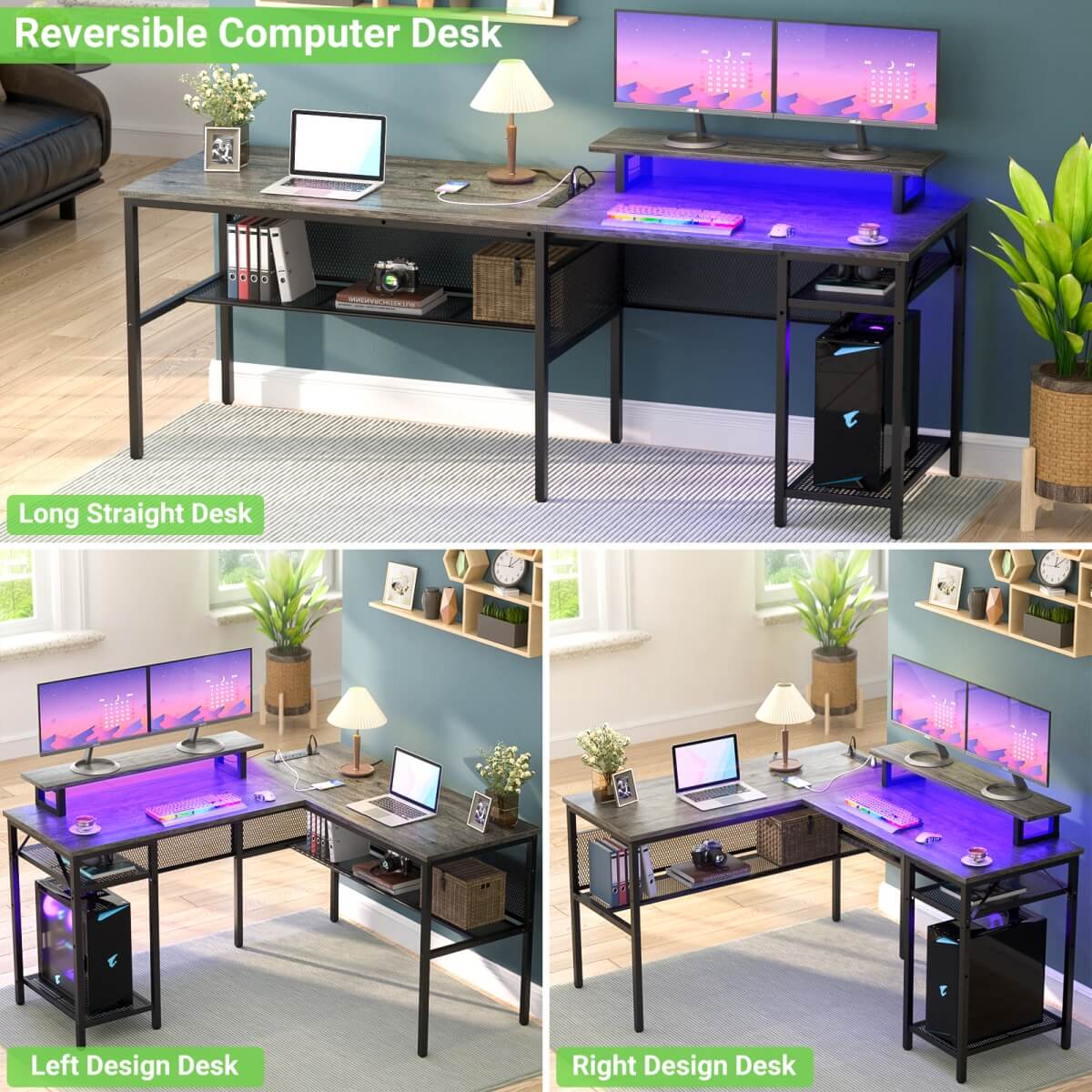 55 Inch L Shaped Desk with Power Outlets and LED Lights