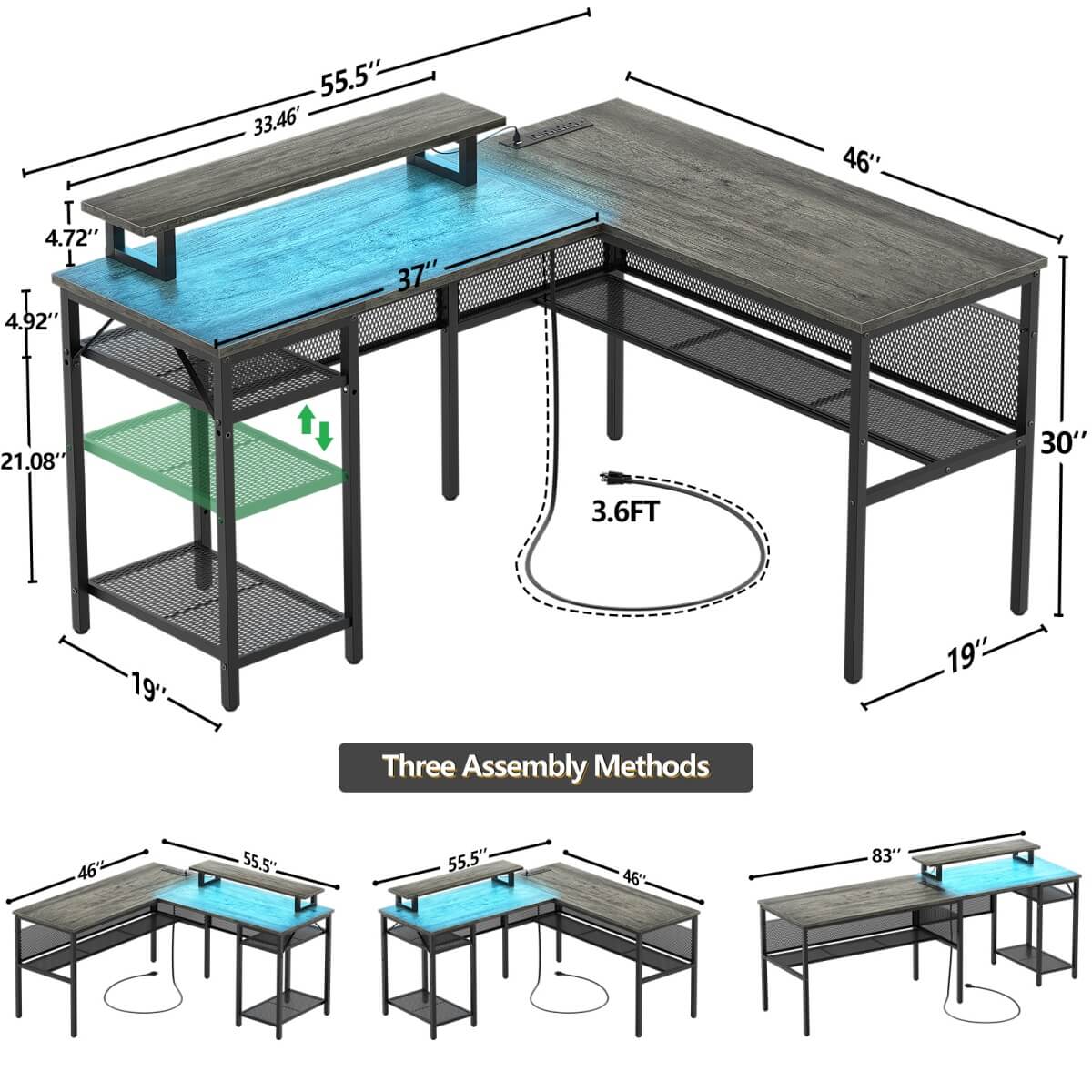 55 Inch L Shaped Desk with Power Outlets and LED Lights
