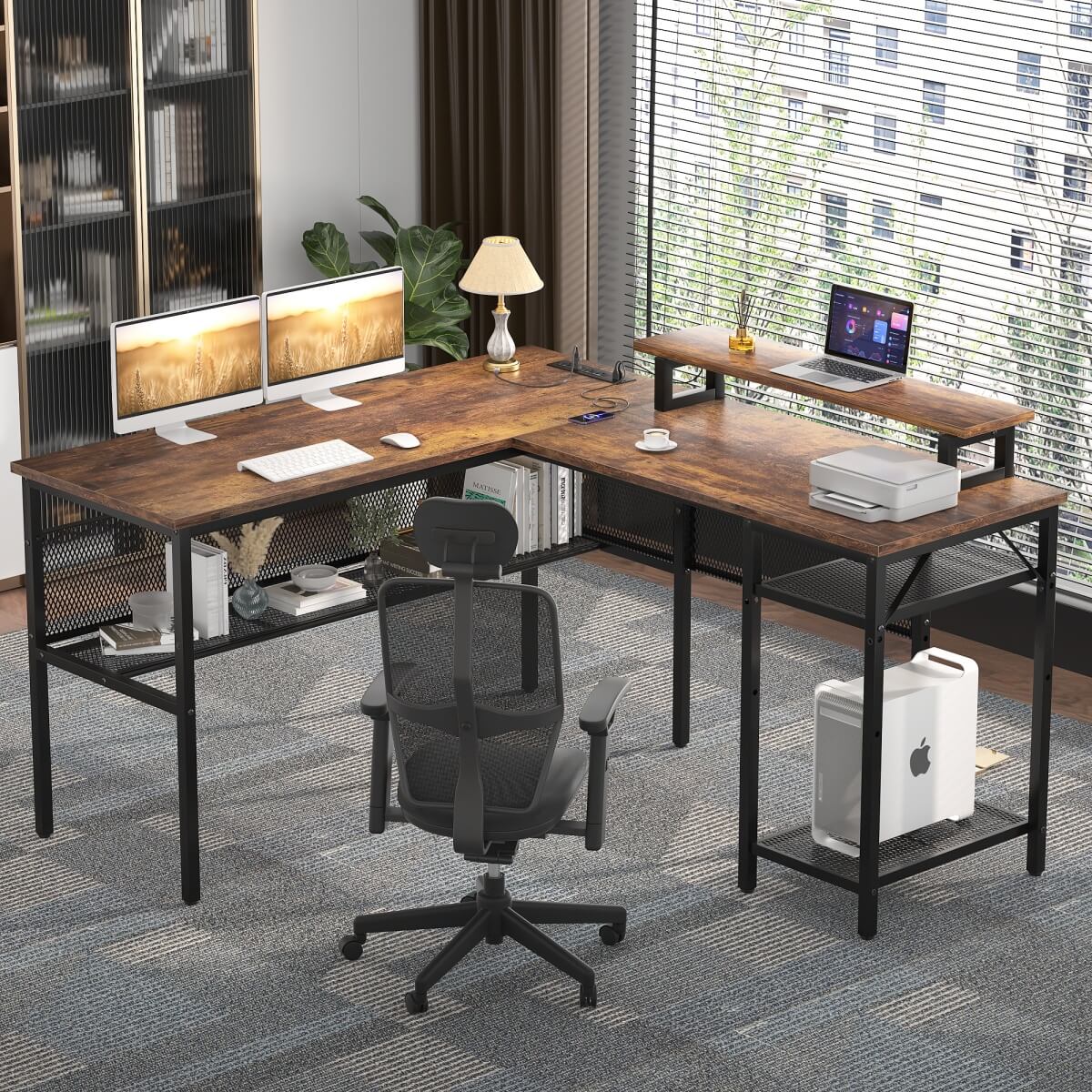 55 Inch L Shaped Desk with Power Outlets and LED Lights