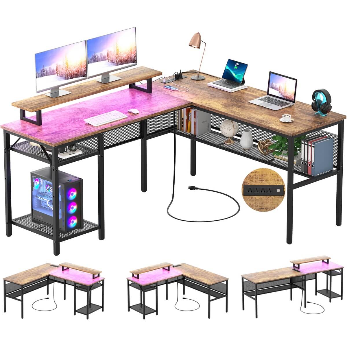 55 Inch L Shaped Desk with Power Outlets and LED Lights