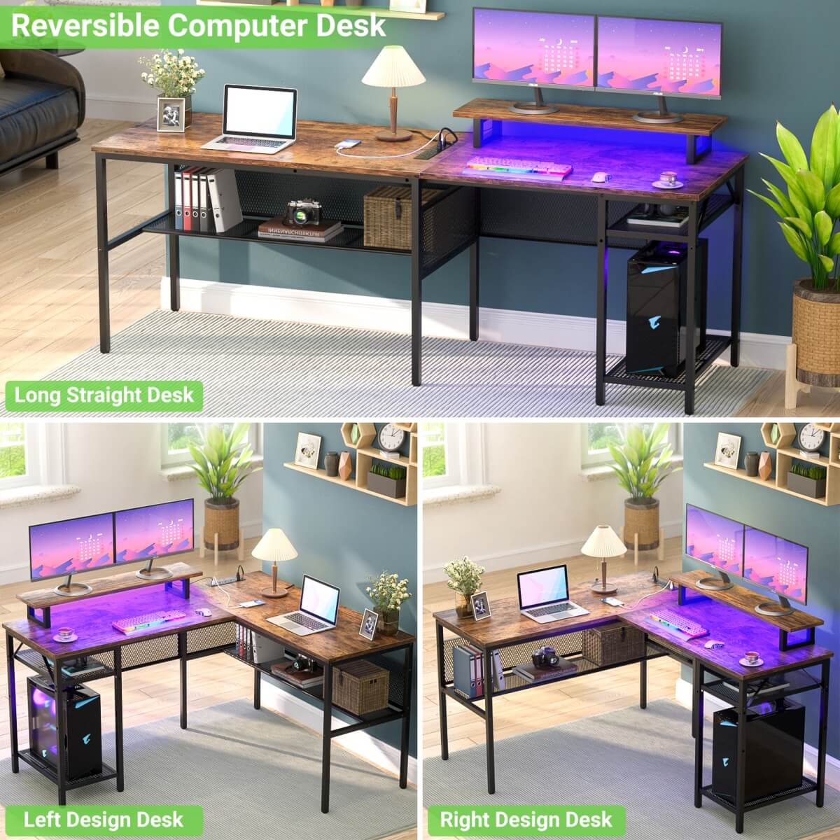 55 Inch L Shaped Desk with Power Outlets and LED Lights