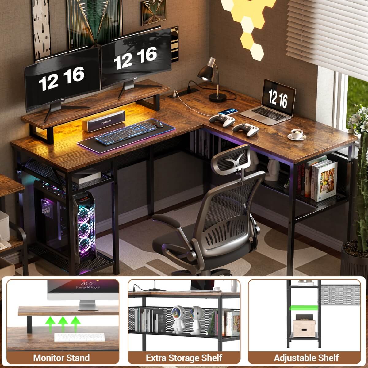 55 Inch L Shaped Desk with Power Outlets and LED Lights