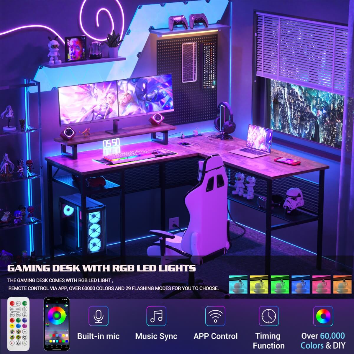 55 Inch L Shaped Desk with Power Outlets and LED Lights