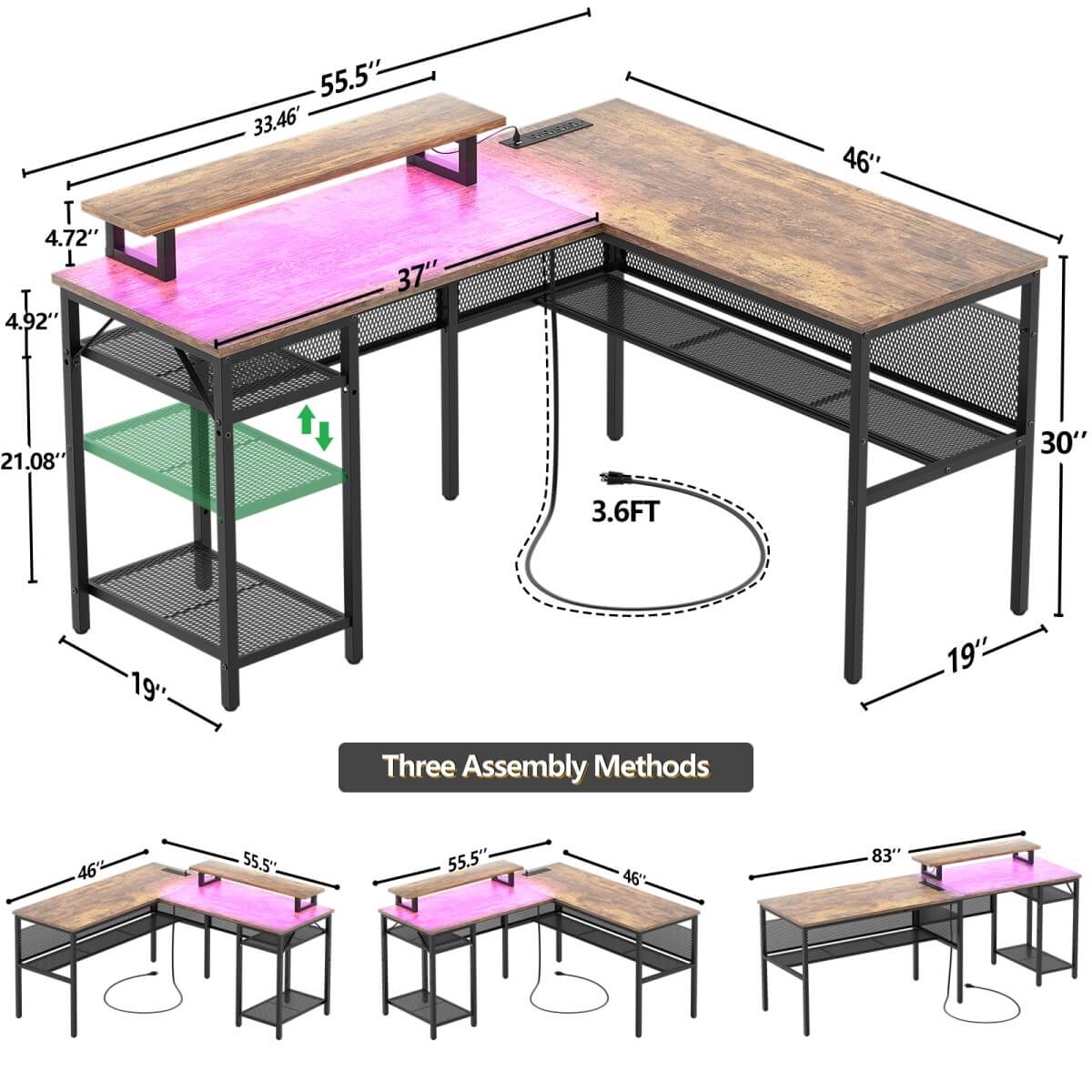 55 Inch L Shaped Desk with Power Outlets and LED Lights