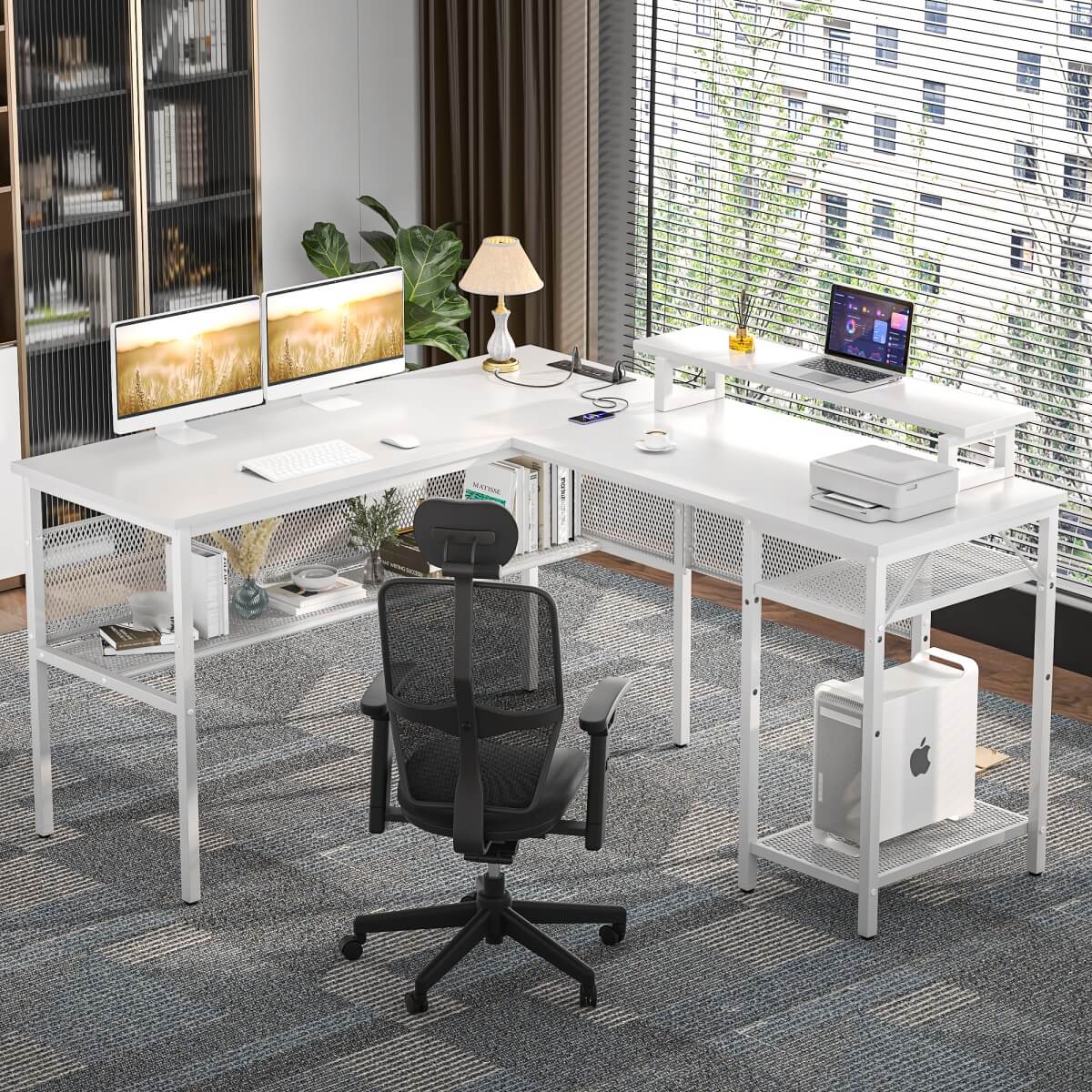 55 Inch L Shaped Desk with Power Outlets and LED Lights