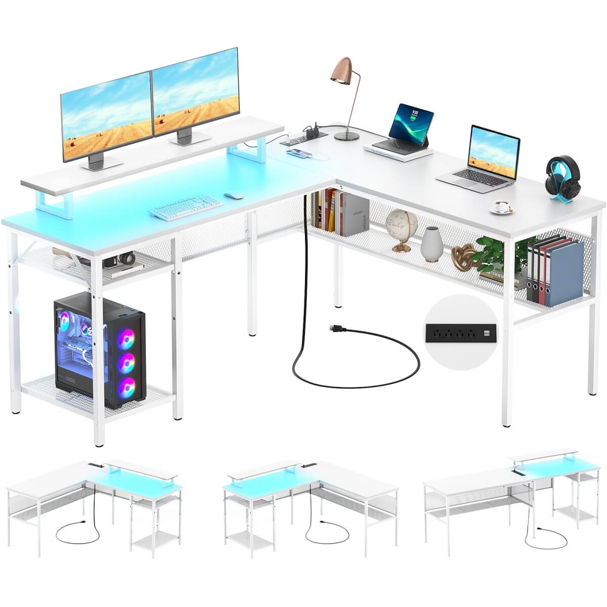 55 Inch L Shaped Desk with Power Outlets and LED Lights