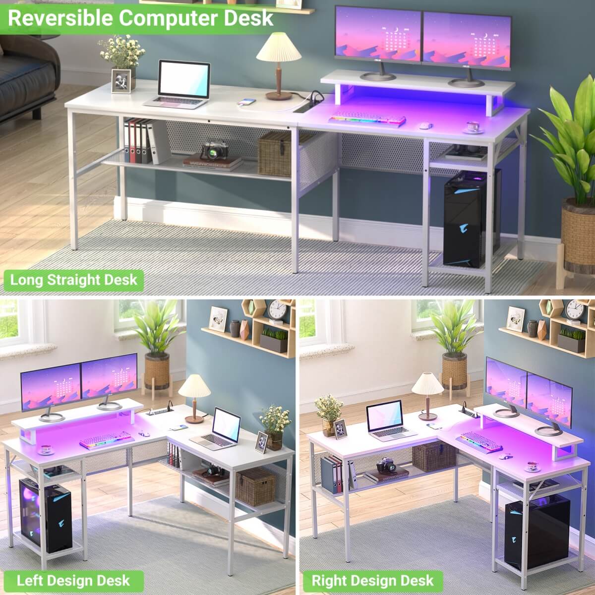 55 Inch L Shaped Desk with Power Outlets and LED Lights