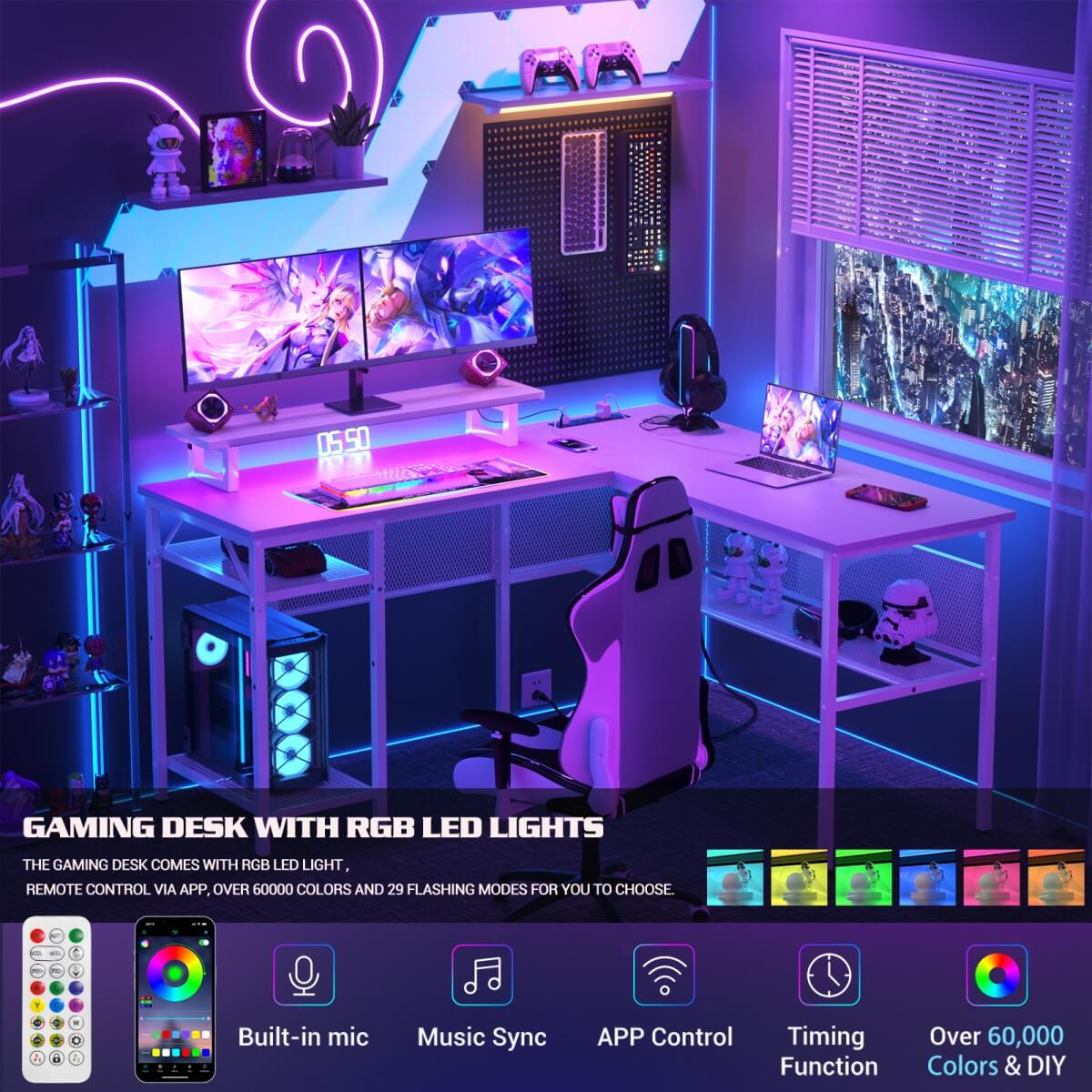 55 Inch L Shaped Desk with Power Outlets and LED Lights