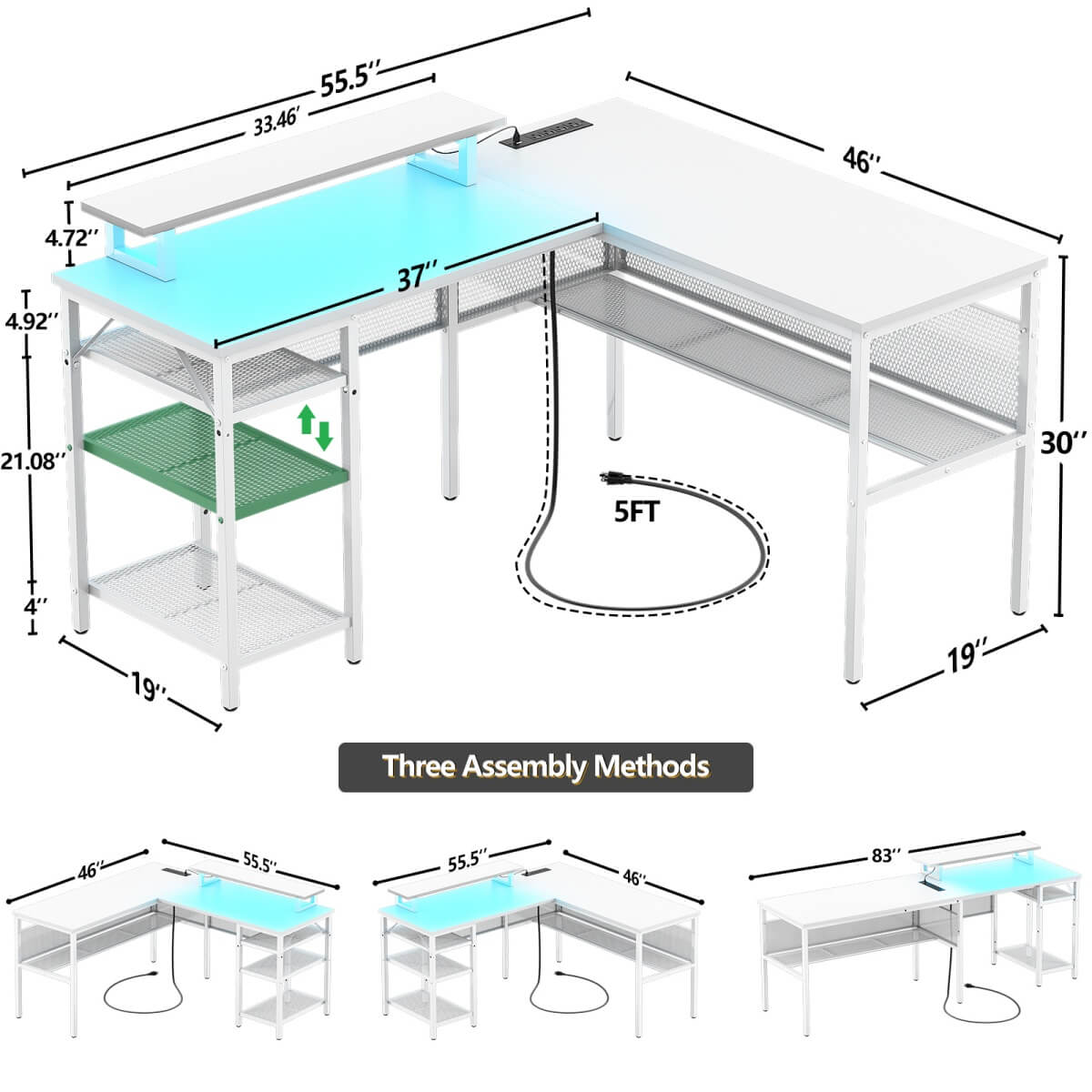 55 Inch L Shaped Desk with Power Outlets and LED Lights