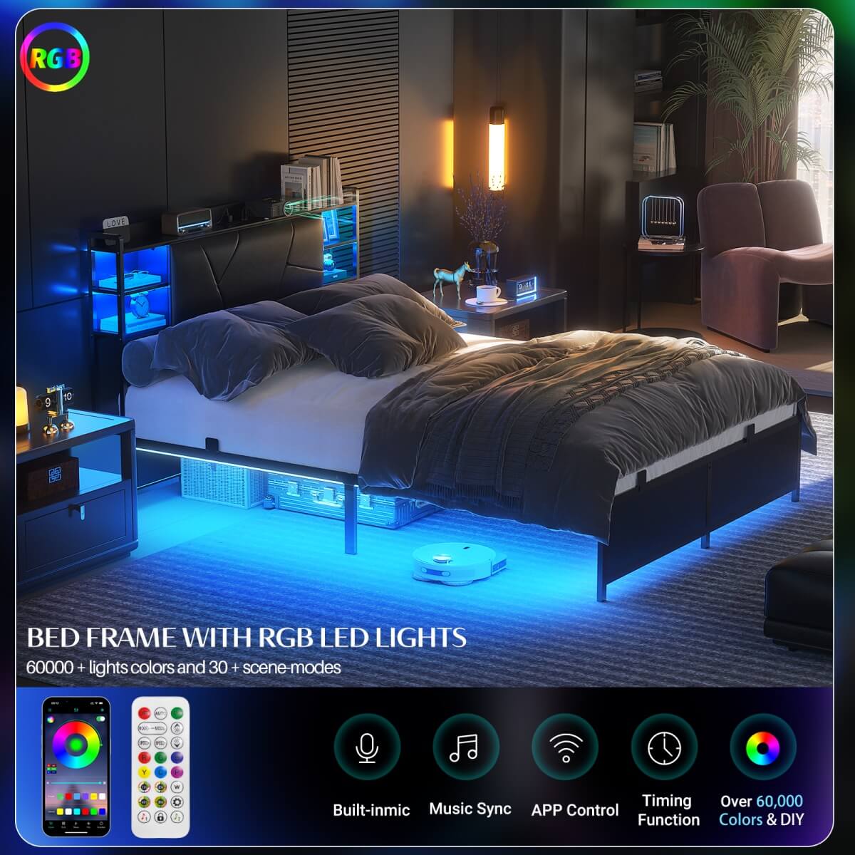 King Size Bed Frame with Upholstered Headboard, USB Charging & RGB LED Lights