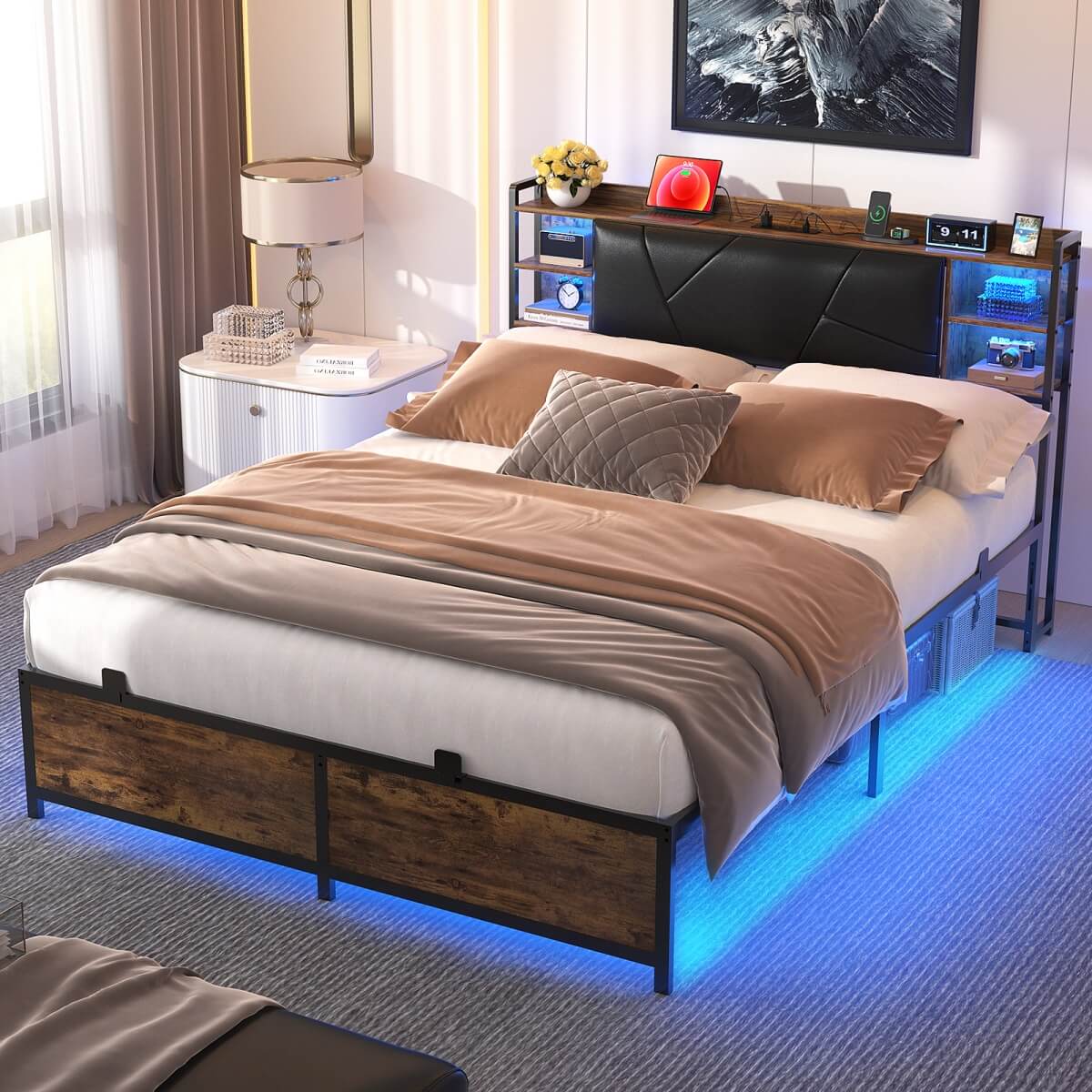 King Size Bed Frame with Upholstered Headboard, USB Charging & RGB LED Lights