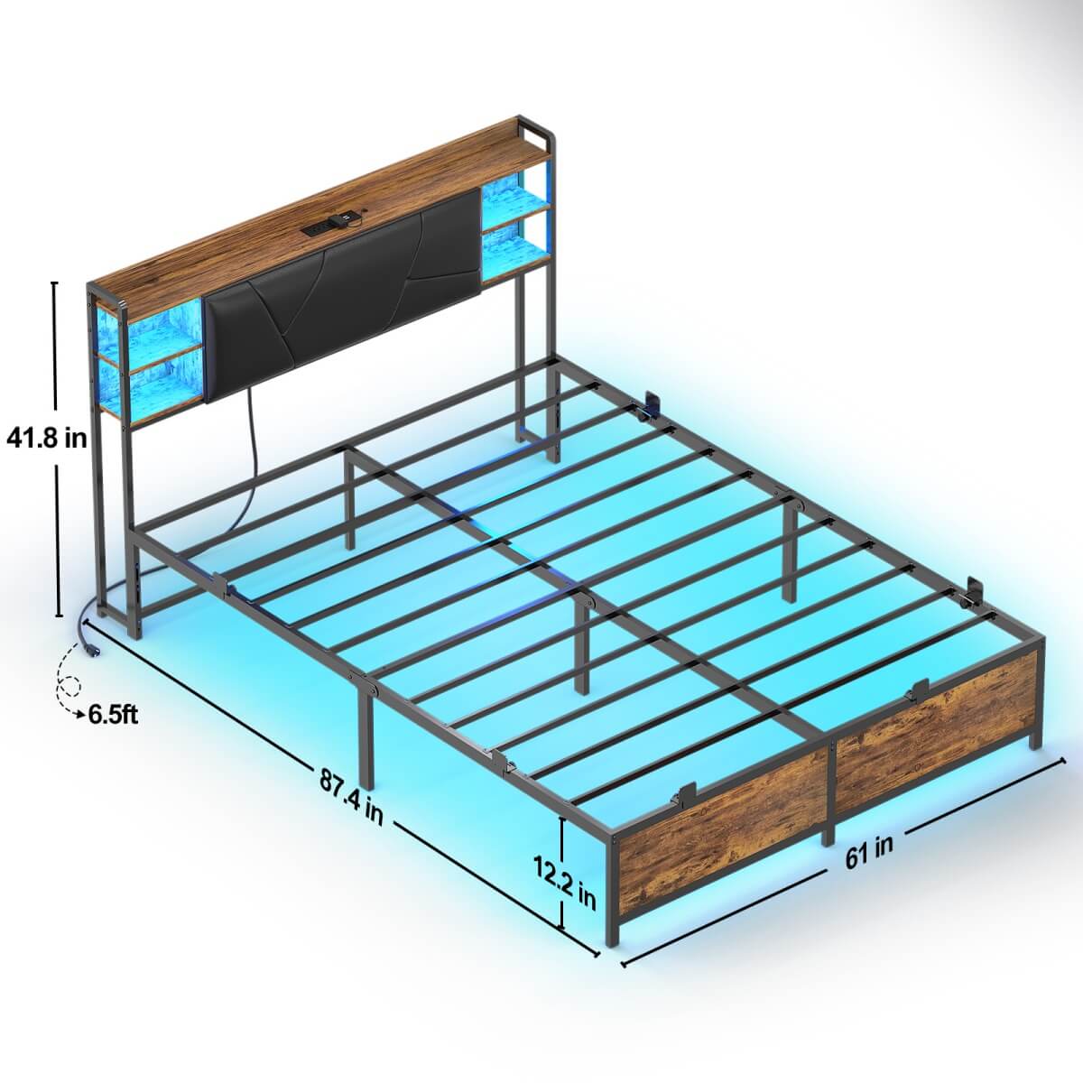 King Size Bed Frame with Upholstered Headboard, USB Charging & RGB LED Lights