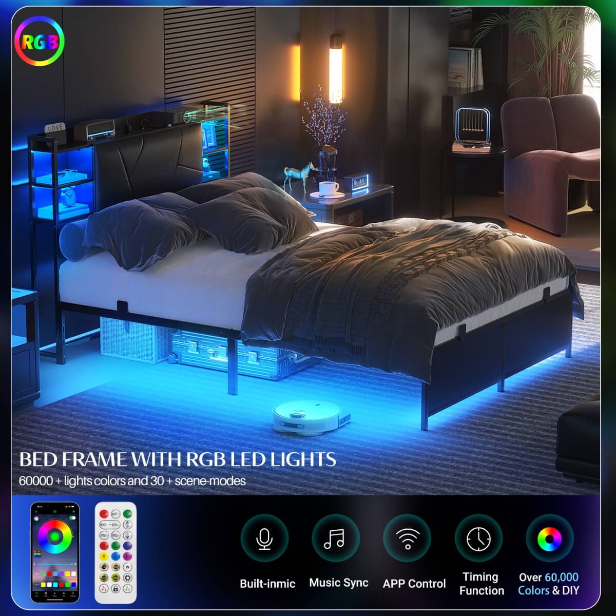Full Size Bed Frame with Upholstered Headboard, USB Charging & RGB LED Lights