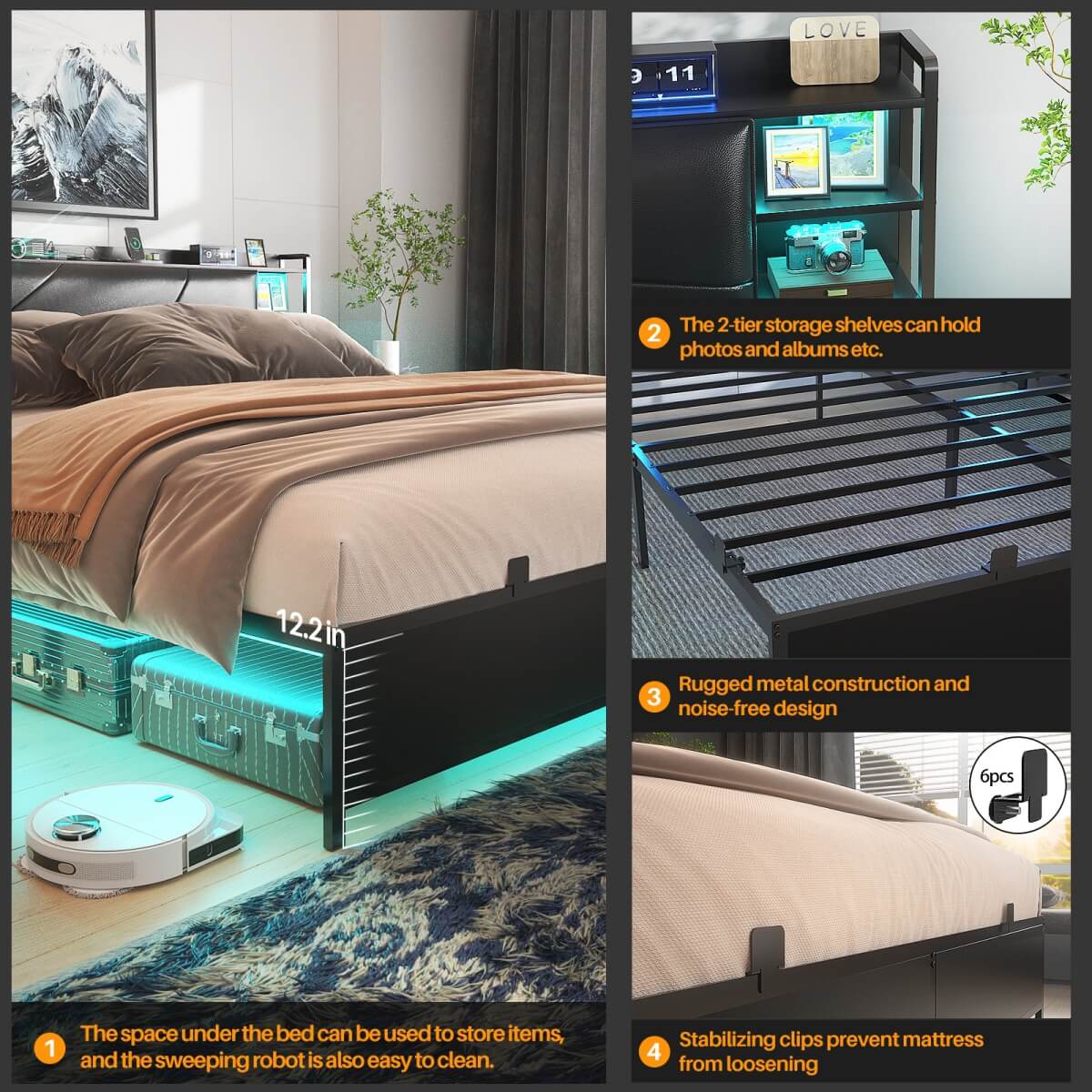 Full Size Bed Frame with Upholstered Headboard, USB Charging & RGB LED Lights