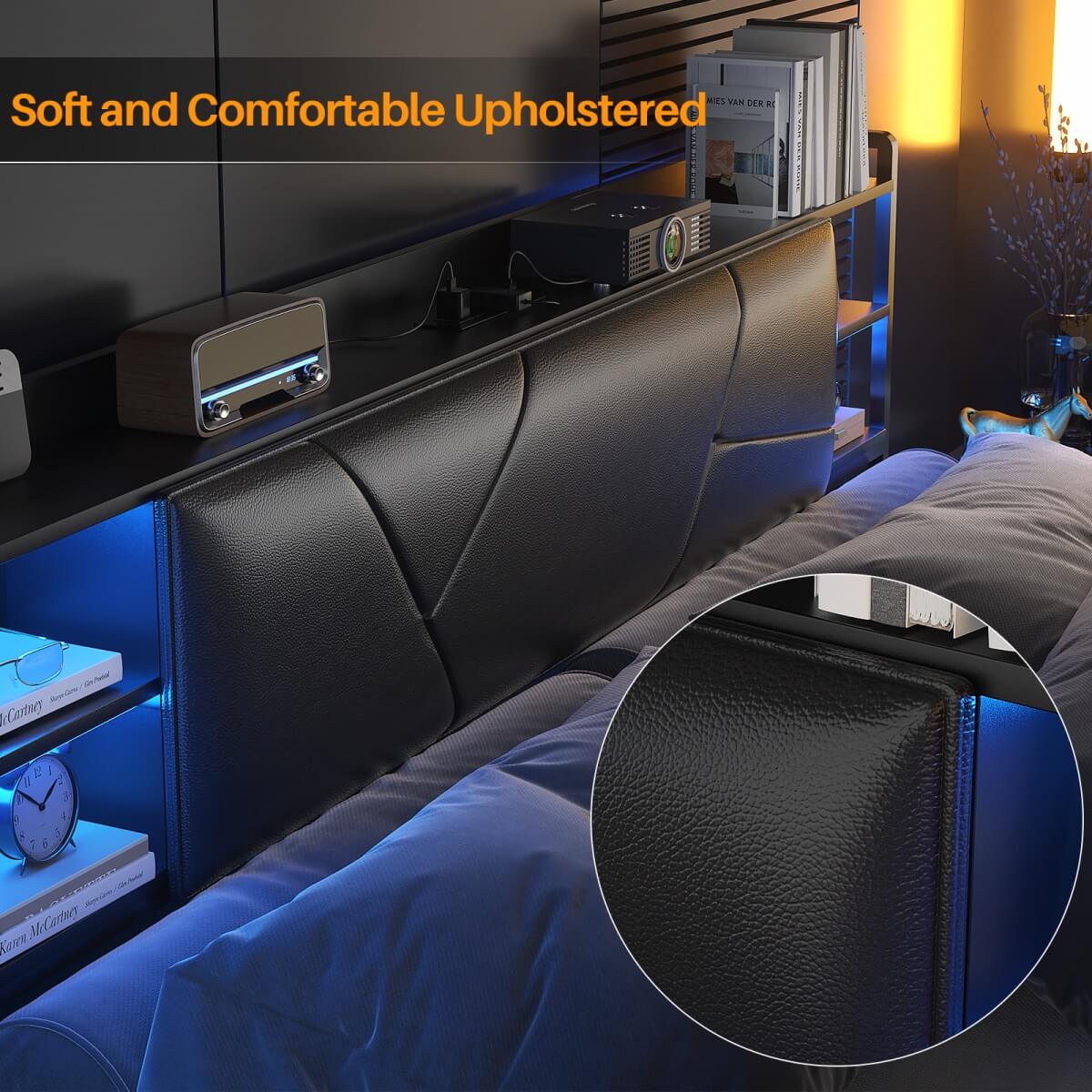 Full Size Bed Frame with Upholstered Headboard, USB Charging & RGB LED Lights